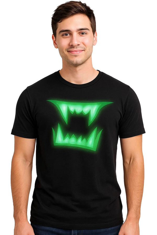 Men’s Halloween Glow-in-the-Dark Vampire Fang T-Shirt | Black Scary Teeth Graphic Tee